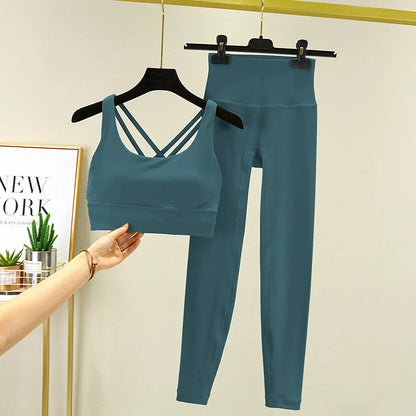 TRY TO BN Tummy Control Gym Set 2 Piece High Waisted Leggings Cross Bra Squat Proof Fitness Breathable Yoga Outfits Workout Set