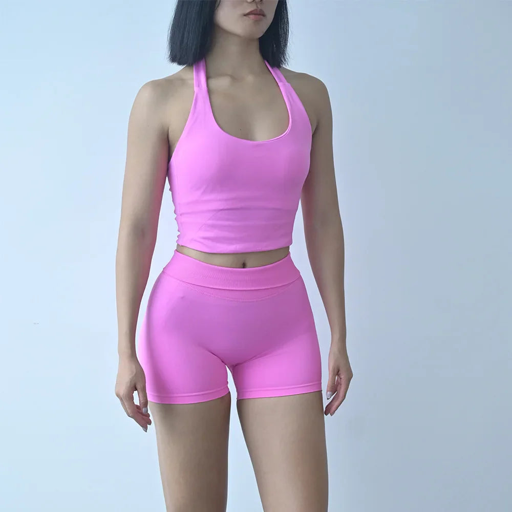 Sexy Halter Neck Beautiful Back High Waist Peach Sports Bras Shorts Suit Pilates Gathering Yoga Vest Training Fitness Bra Sets