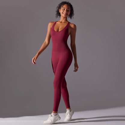 Backless Yoga Bodysuit Women Sports Jumpsuit Fitness Sportswear Workout Set Solid Color Seamless Butt Lifting Yoga Bodysuit