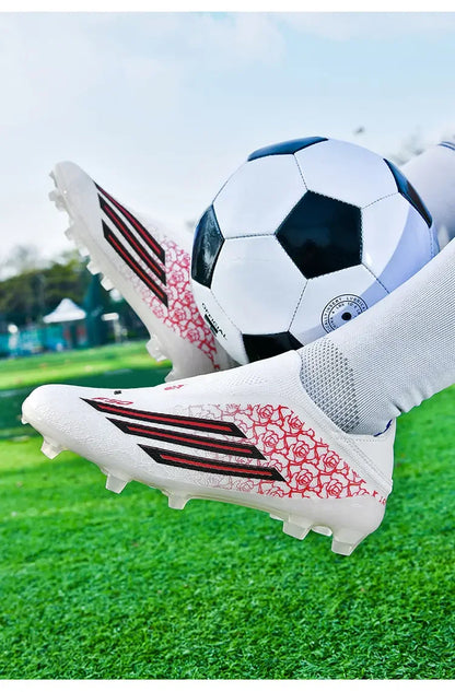Men High Top Soccer Cleats Firm Ground Stud Sole Breathable Wear Resistant Outdoor Lawn Match Training Football Shoes