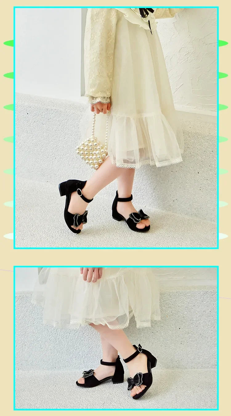 Girls Leather Shoes Anti Slip Summer Korean Style Children Fashionable Low Heels Hook & Loop Elegant Princess Mary Janes Wedding
