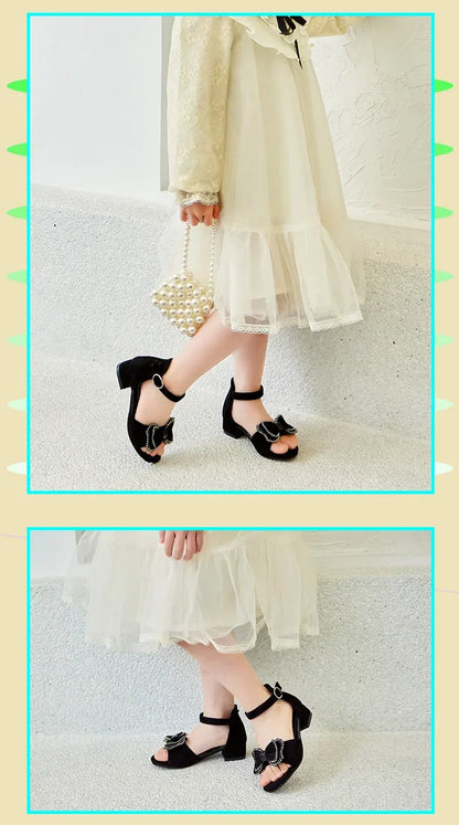 Girls Leather Shoes Anti Slip Summer Korean Style Children Fashionable Low Heels Hook & Loop Elegant Princess Mary Janes Wedding