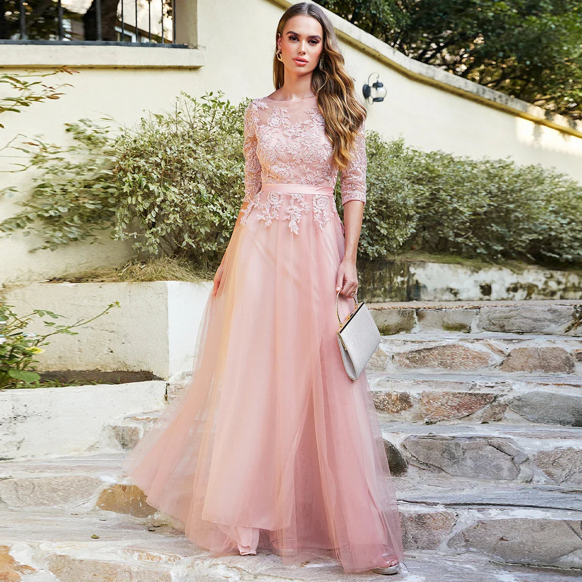 Vestidos de Renda Decote Redondo Noite Elegantes Meia Manga Aplicações Tule Festa Formal Longo Sem Costas Com Cinto Robe De