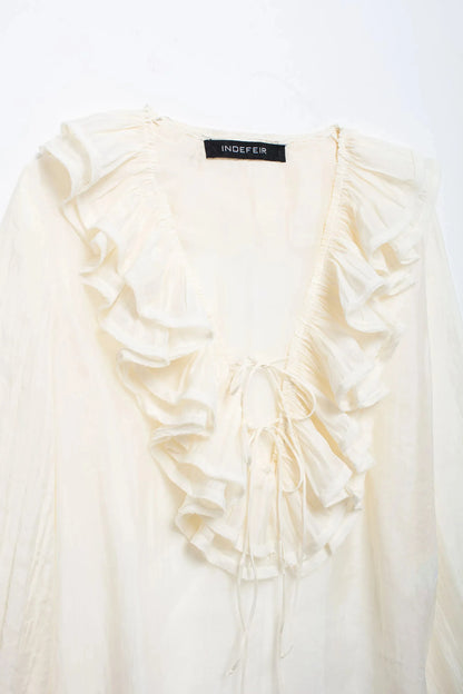 Elegant Women's Retro V-neck Ruffle Trim Long Sleeve Shirt 2025 Summer Casual Top Women's Fashion Translucent Thin Shirt