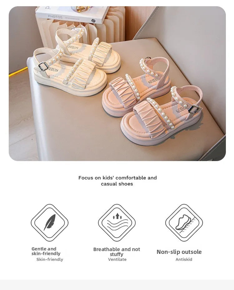 Girls Sandals Kids Summer Shoes Children's Beach Sandals with Pearls Princess Sweet Anti-slippery Open Toes Lace Chic Beading