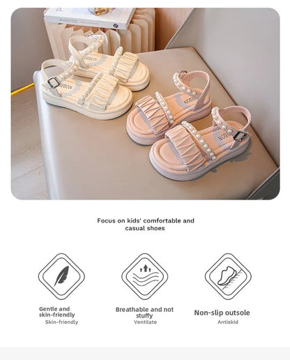 Girls Sandals Kids Summer Shoes Children's Beach Sandals with Pearls Princess Sweet Anti-slippery Open Toes Lace Chic Beading