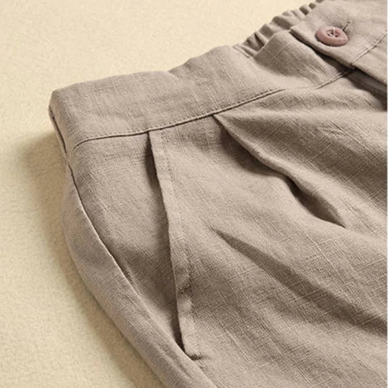 Khaki Solid Casual Linen Cotton Elastic High Waist Wide Leg Button Loose Women's Shorts Korean Fashion Summer Shorts Women 2024