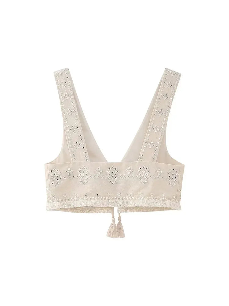 Y2K Embroidery Women Waistcoats Summer Lightweight V Neck Sleeveless Tassels Hem Slim Vest Female Crop Top