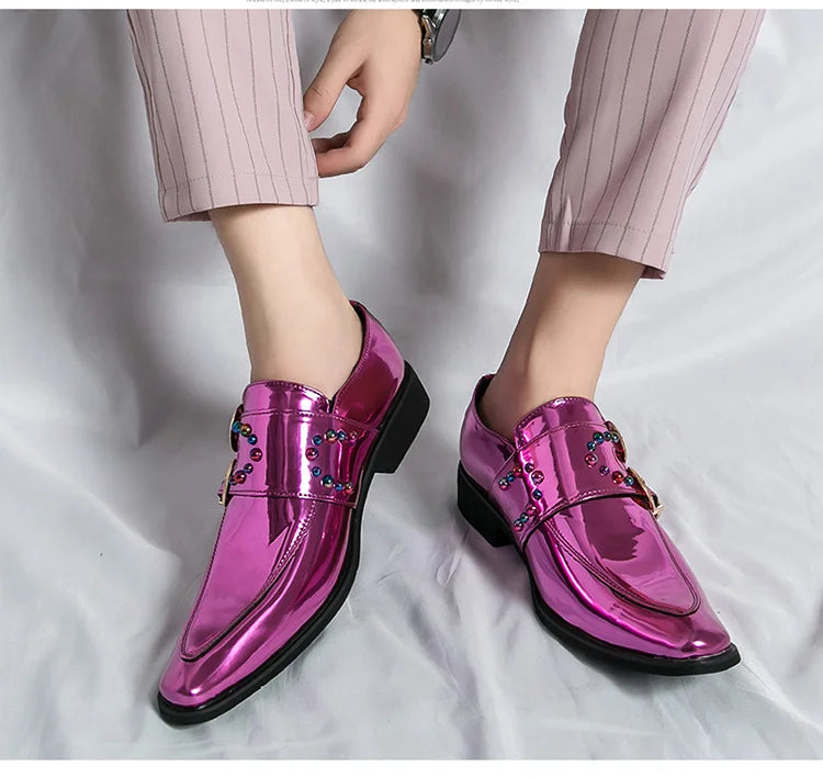 Pink Mens Patent Leather Shoes Designer High Quality Pointed Chelsea Formal Shoes Man Dress Wedding Party Shoes Men