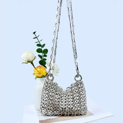 Silver Shiny Bag Handmade Woven Beaded Sequin Bag Mobile Phone Bag Long Shoulder Strap Single Shoulder Crossbody Bag for Women