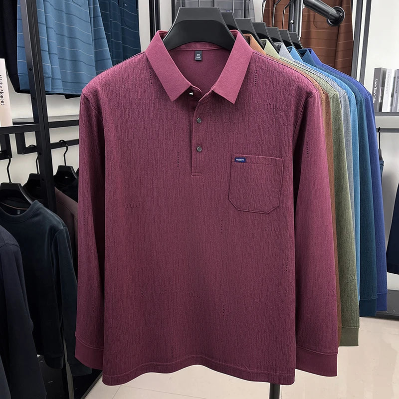 Hot Sales Original Design Men's Polo Lapel Long Sleeve T-Shirt Autumn New Soft Anti Pilling Pocket Business Leisure Menswear Top