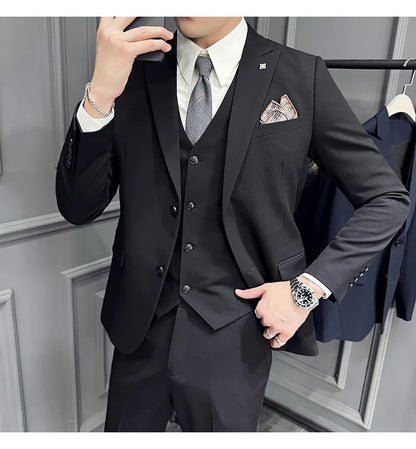 Slim Fit Men's Three Piece Suit Thin Single Button Notch Lapel Casual Fashion Cotton Blend Spring Autumn Wear for Youth