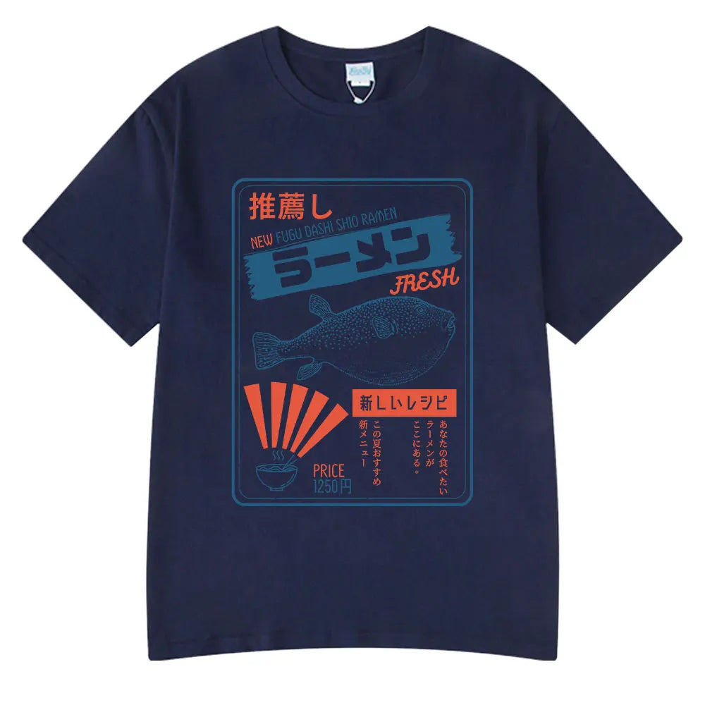 Vintage Fugu Puffer Fish Ramen T-Shirts Men Women Clothing Summer 100% Cotton Tee Shirt Fashion Crewneck Short Sleeve T Shirt