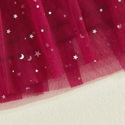 3-10Years Little Girl Summer A Line Dress Kids Flower Embroidered Ruffled Trim Star Print Button Up Sleeveless Mesh Tutu Dress