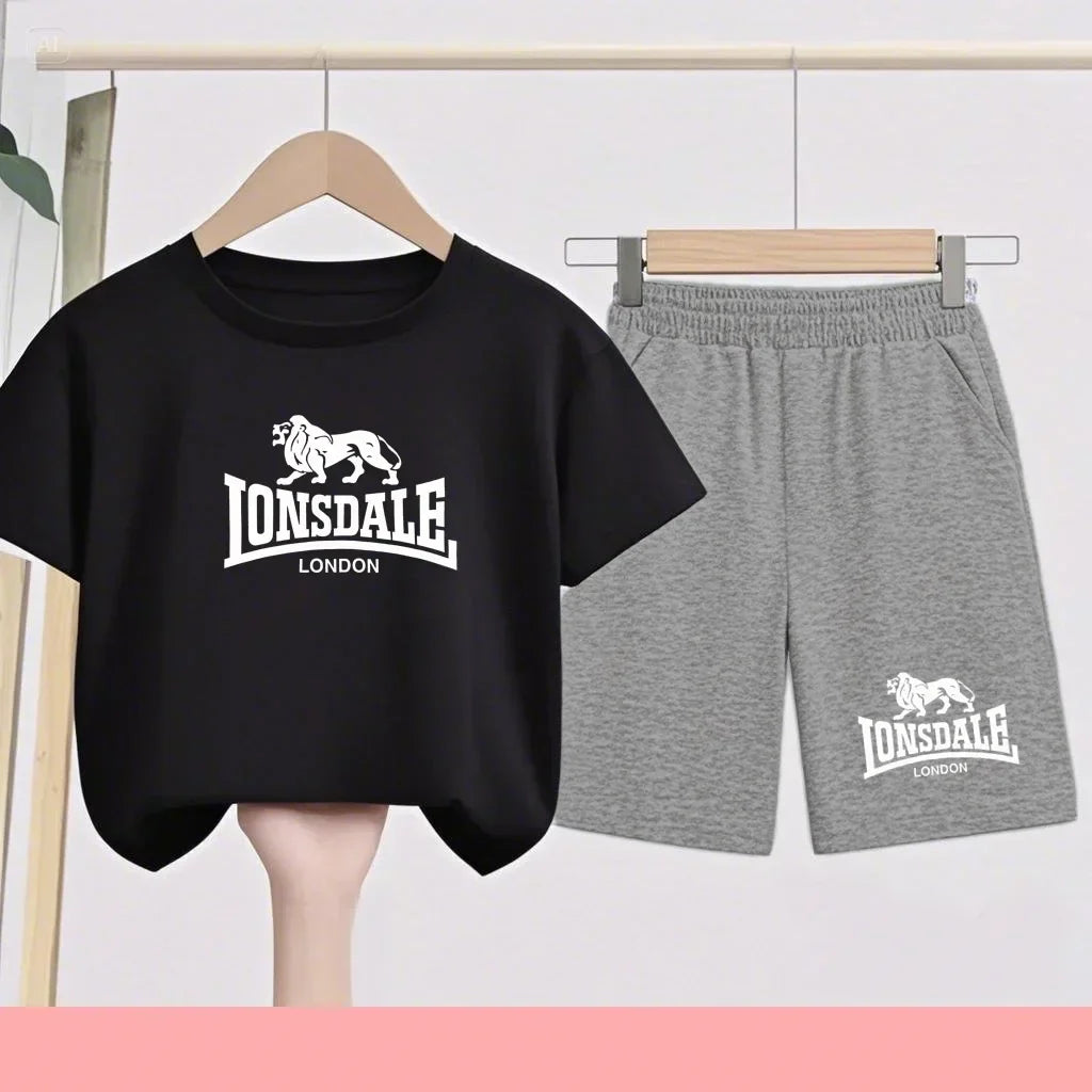 Lion Alphabet Print Kids Summer T-shirt Boys Girls Toddlers 3-12 Years Top+ Shorts 2P Outdoor Sports Clothes Fashion Leisure Set