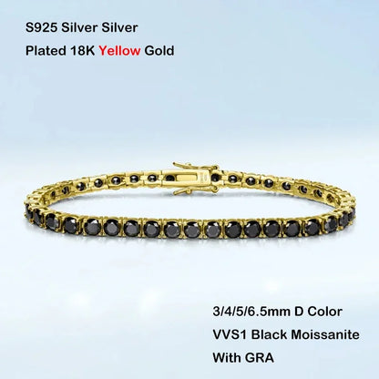 GRA Certified Full 3/4/5/6.5MM Black Moissanite Tennis Bracelet for Men Women S925 Silver Plated 18K Black Gold Bracelets