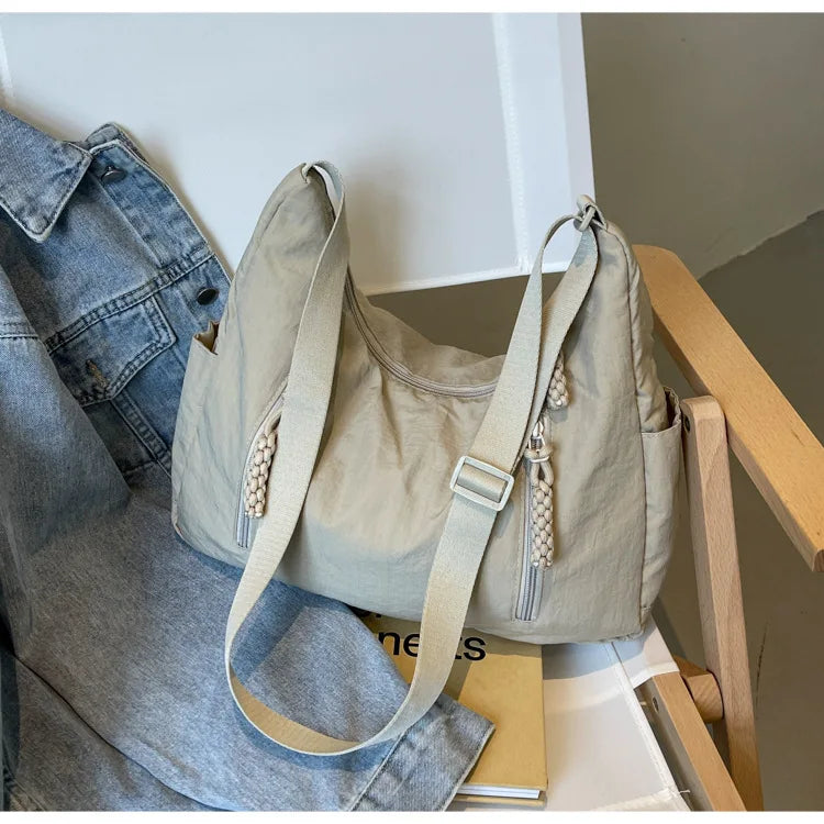 Summer Women Solid Color Shoulder Bag Fashion Lightweight Versatile Travel Crossbody Bag Commuter Nylon Large Capacity Hobo Bag