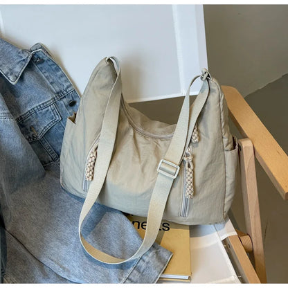 Summer Women Solid Color Shoulder Bag Fashion Lightweight Versatile Travel Crossbody Bag Commuter Nylon Large Capacity Hobo Bag
