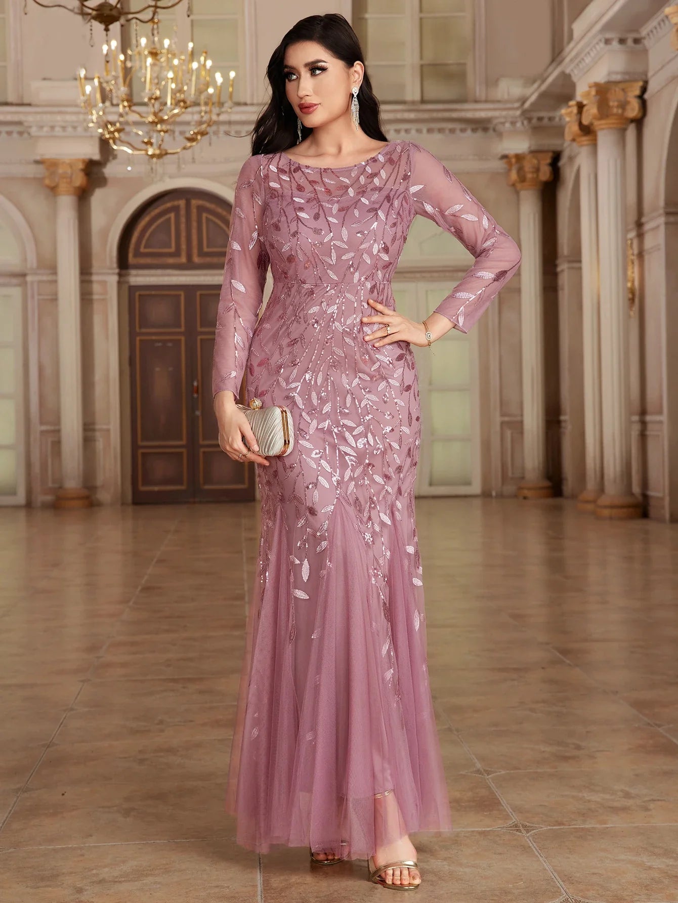 2024 Plus Size Evening Dresses Mermaid O Neck Full Sleeve Lace Appliques  vestidos elegantes  party dress  long