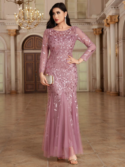 2024 Plus Size Evening Dresses Mermaid O Neck Full Sleeve Lace Appliques  vestidos elegantes  party dress  long