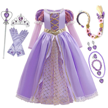 Girls Rapunzel Dress Kids Tangled Disguise Carnival Girl Princess Costume Birthday Party Gown Outfit Clothes 2-10 Years
