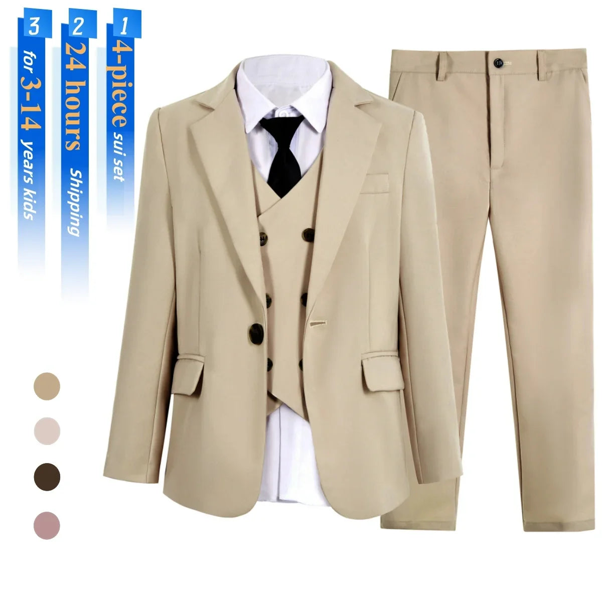Kids Tuxedo Set 4PC | Jacket Vest Dress Pants Tie | Boys 3-14 | Pageant Party | Ships Today! Toddler to Youth 3-14 | Wedding