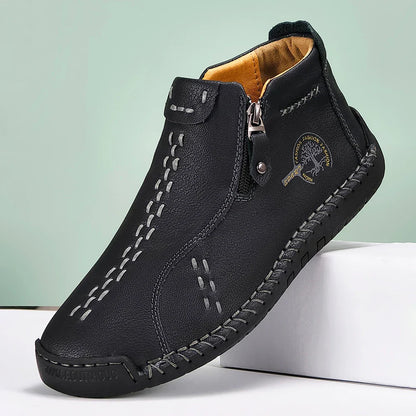 Sapatos Masculinos Clássicos de Couro Feitos à Mão, Design com Zíper, Tênis Esportivos para o Ar Livre, Sapatos Casuais Respiráveis com Elástico, Botas Masculinas de Couro no Tornozelo