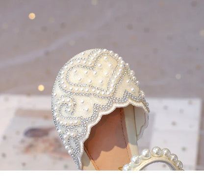 2025Summer Girls Sandals With Heel Fashion Rhinestone Shiny Glitter Shoes Children Princess Bowtie Pearl Dancing Shoes