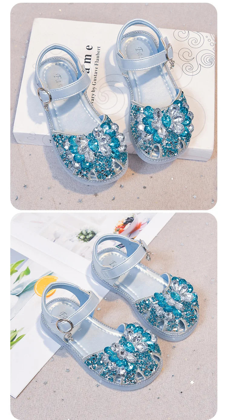 Girls Crystal Slip-On Shoes Soft Bottom Rhinestone Princess Flats Spring Autumn New Style Kids Lightweight Sweet Leather Shoes