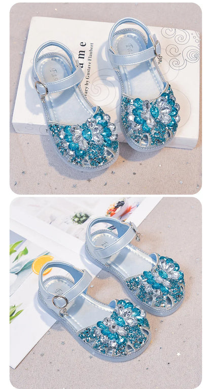 Girls Crystal Slip-On Shoes Soft Bottom Rhinestone Princess Flats Spring Autumn New Style Kids Lightweight Sweet Leather Shoes