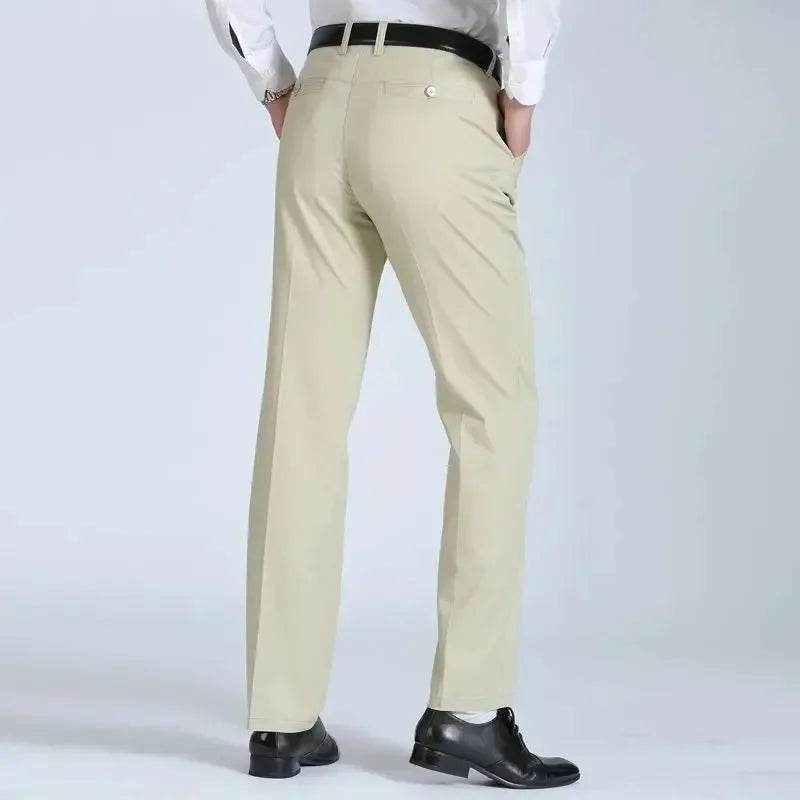 Mens 100% Cotton Summer Thin Pants Autumn Suit Pant Slacks High Waist Straight Loose Bland Solid Business Casual Pants Gozbkf