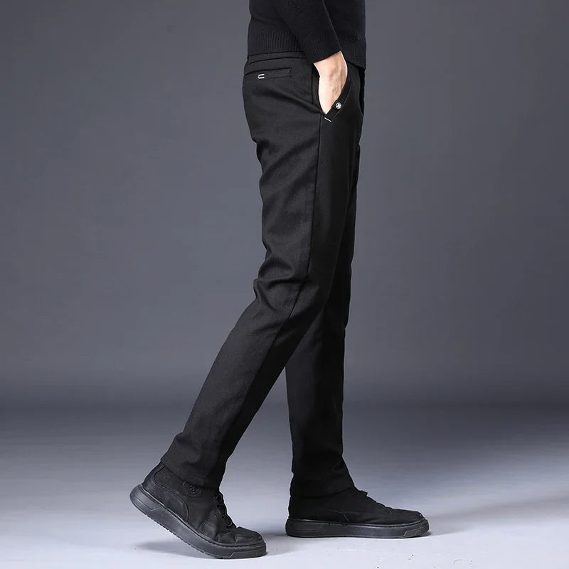 Men's Slim Suit Casual Pants Thick Fashion Embroidered Pocket Trousers Business Baggy Office Comfortable Elastic Pants Male