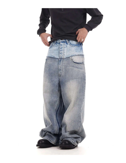 Niche Colorblock Patchwork Wide Leg Blue Jeans Men's Spring 2025 New Straight Double Waist Design Denim Trousers 28W6048