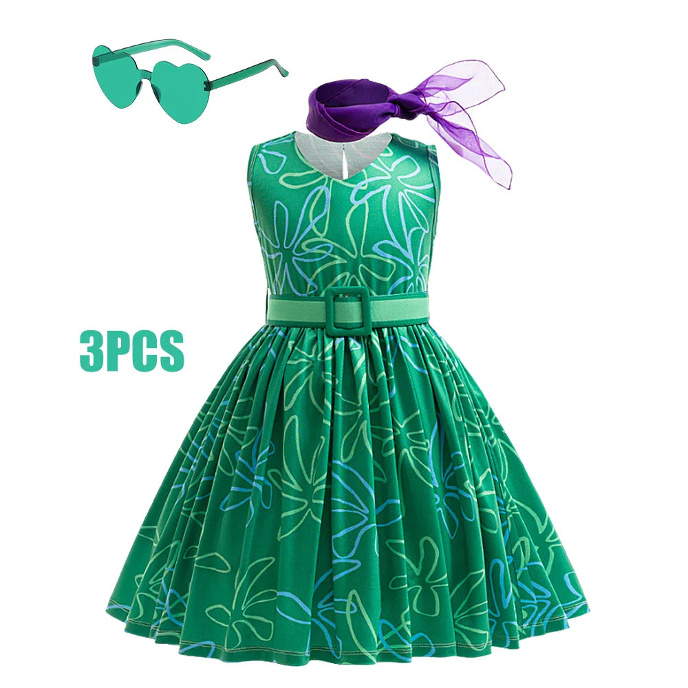 3PCS Full Printing Green Dress for Kids Girl Cosplay Dress+Scarf +Belt Disgust Costume Halloween Disguise Party Joy Clothing