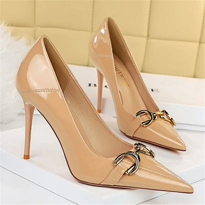 Women 7cm 10cm High Heels Wedding Bridal Replica Pumps Lady Scarpins Metal Chain Buckle Low Heels Stiletto Nude Green Prom Shoes