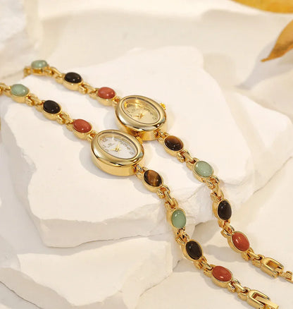 Women's watch Vintage Natural Colorful Jade Bracelet Wristwatches Clock,Luxury Elegant Small Oval Dial Quartz Watch Waterproof