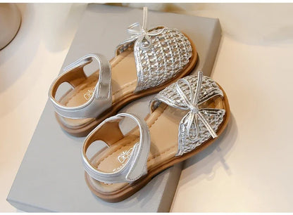 Girls Princess Shoes Weave Breathable Kids Beach Shoes with Simple Bows 2025 Summer New Children Sandals Soild Color Non-slip