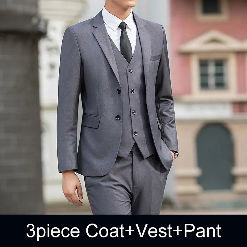 Man Three-piece Sets Fashion Turn Down Collar Coat+Single-breasted Vest+Pant Male Outfit Solid Color Business Wedding Men Suit