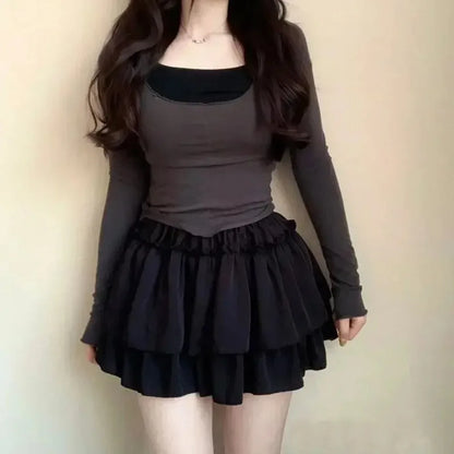 Summer Mini Pleated A-Line Skirt Adorable Flirty High Waist Ruffle Patchwork Lolita Ball Gown Y2K Korean Sweet Women's Clothing