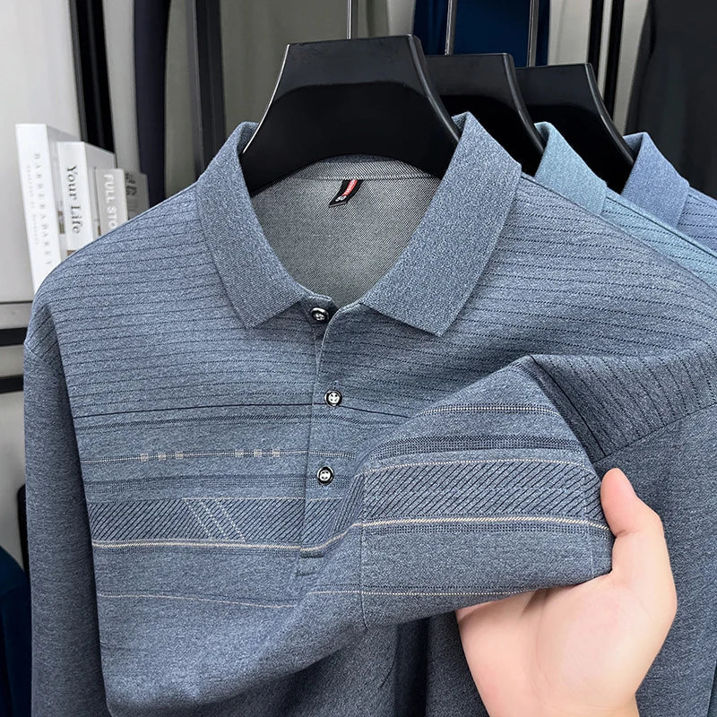High quality striped printed long sleeve polo shirt men's fashion light luxury pocket autumn new business casual lapel T-shirt