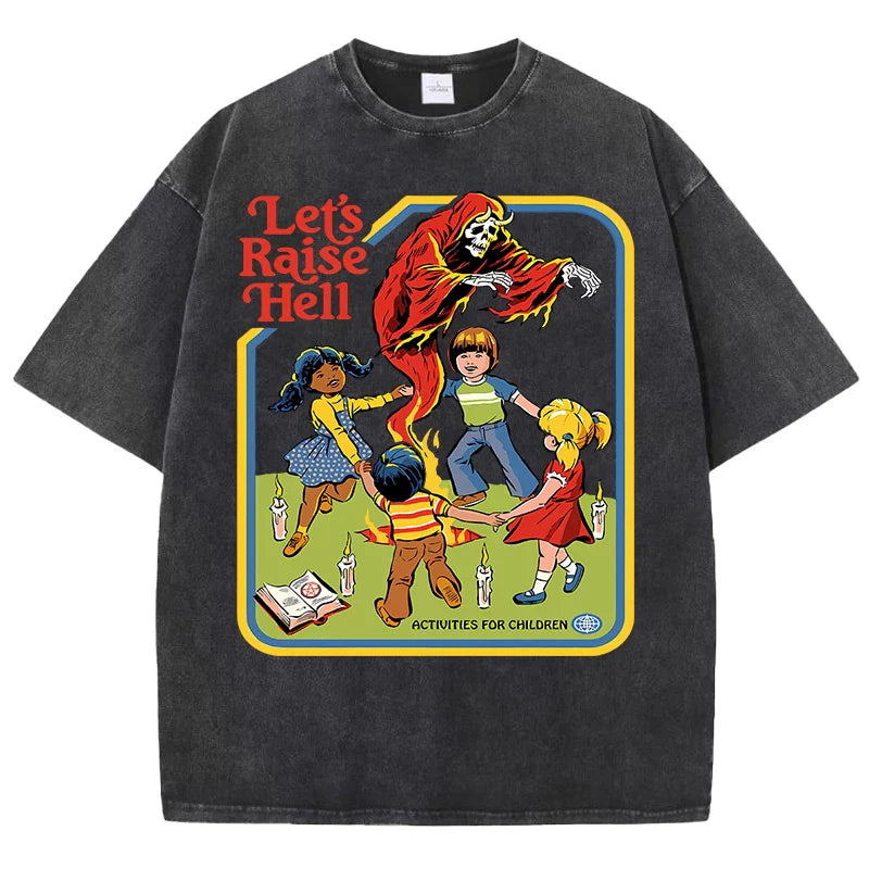 Let'S Raise Hell Printed Snow Wash Tee Shirts Man Breathable Cotton T Shirt Sportwear Clothing Crewneck Loose Short Sleeve