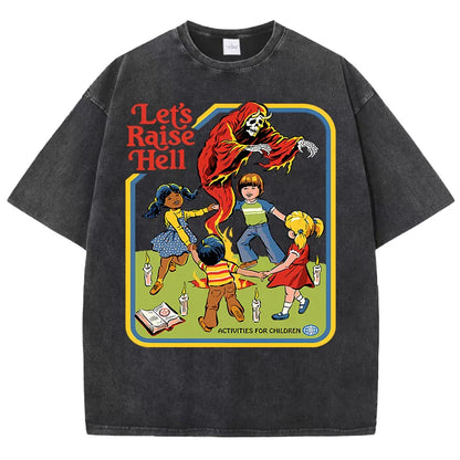 Let'S Raise Hell Printed Snow Wash Tee Shirts Man Breathable Cotton T Shirt Sportwear Clothing Crewneck Loose Short Sleeve