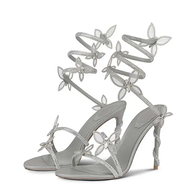 Luxury Designer Pink Flower Rhinestone High Heels Sandals Shoe Sexy Wrap Strap Open Toe Stripper Prom Party Ladies Shoes