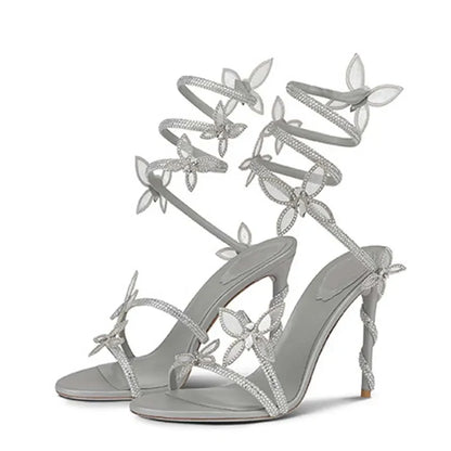 Luxury Designer Pink Flower Rhinestone High Heels Sandals Shoe Sexy Wrap Strap Open Toe Stripper Prom Party Ladies Shoes