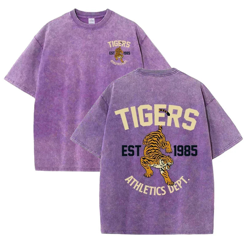 Stronger Tiger Sport Print Wash T Shirt Woman Summer Comfortable Washed Tee Casual Shortwear Soft Cotton Unisex Clothes