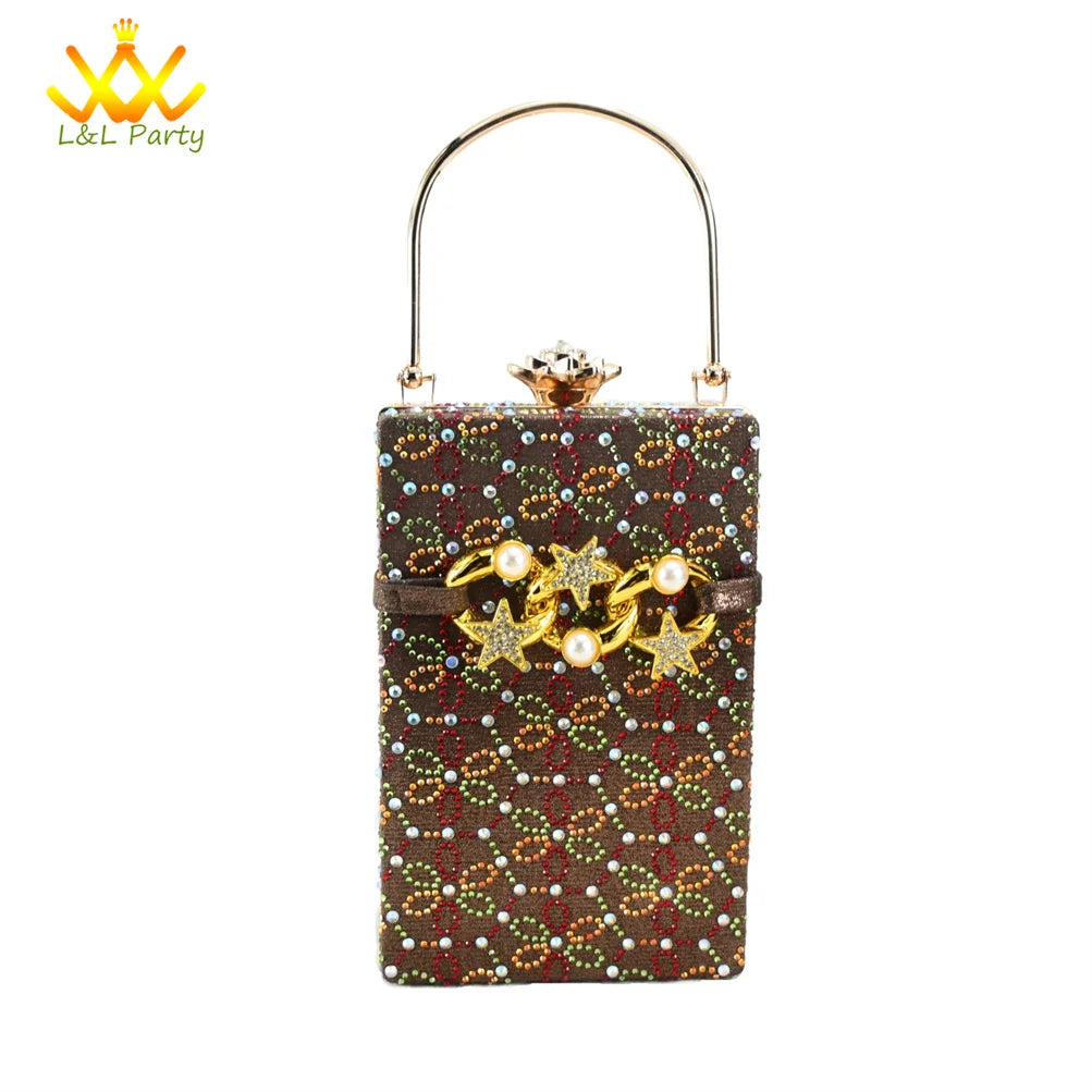Low Heels Comfortable Sweet Style Italian Design Shoes Matching Bag Set in Orange Color High Quality with Crystal for Dress