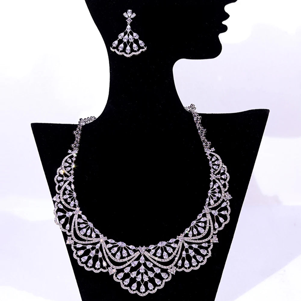 NEW Trendy 2PCS Necklace For Women Luxury Wedding Cubic Zircon CZ African Dubai Bridal Jewelry Set