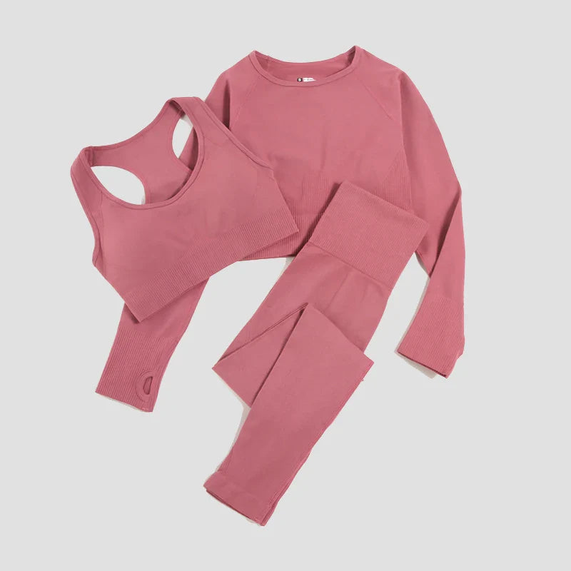 2/3Pcs Women Seamless Fitness Yoga Suit Workout Long Sleeve Crop Top Shirt Sports Bra High Waist Running Leggings Gym Clothing