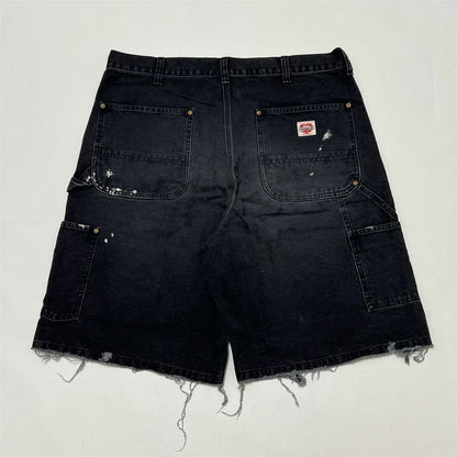 Black Nice Washed Damaged Saint DOUBLE KNEE Zipper Denim Shorts Men Women Oversized Shorts