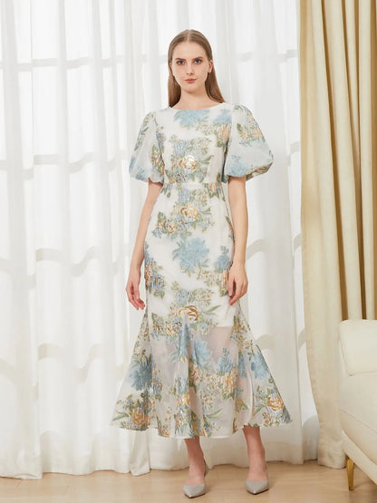 Elegant Floral Organza Fishtail Long Dress Maxi Luxury Mermaid Evening Dress Puff Sleeve Fashion Slim Party Club Dress